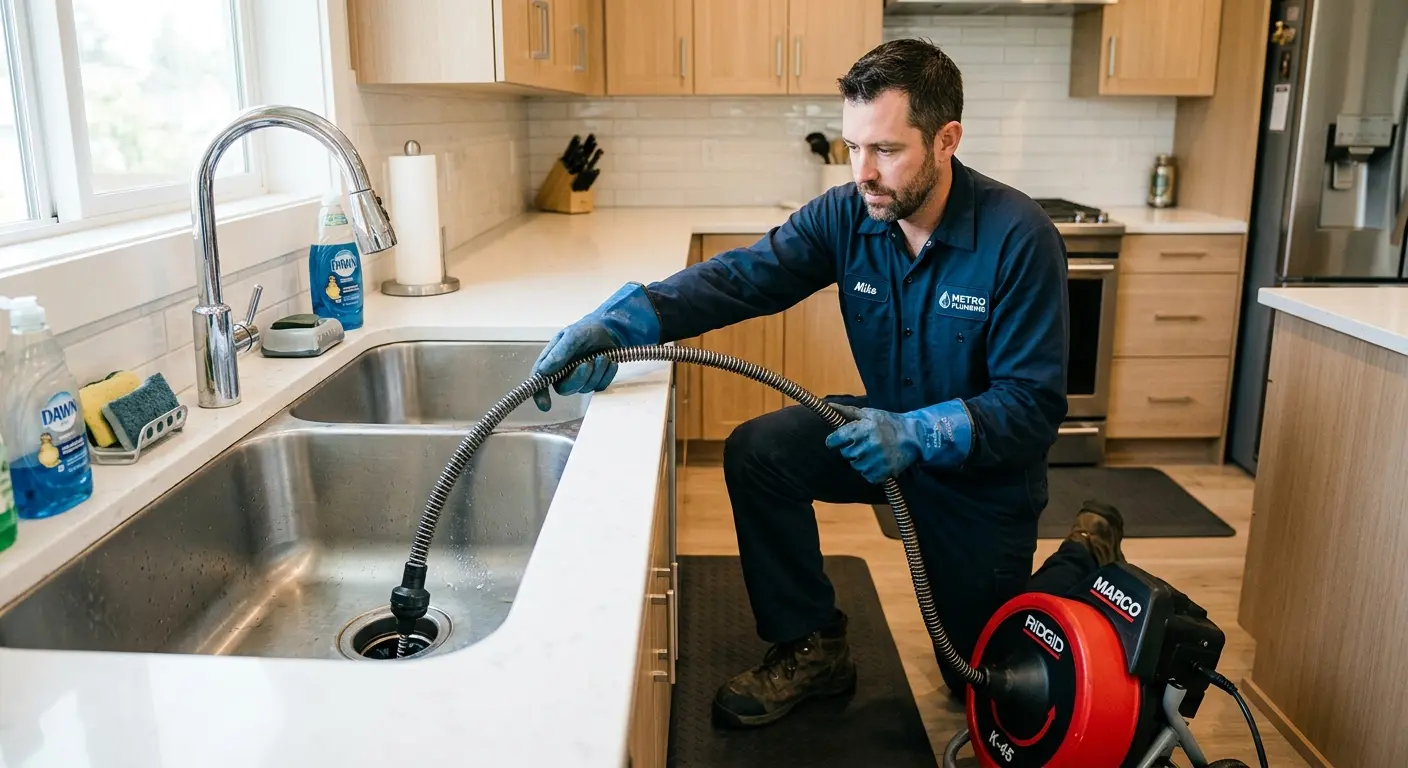 Drain cleaning technician using a motorized snake on a kitchen sink in Woodcrest