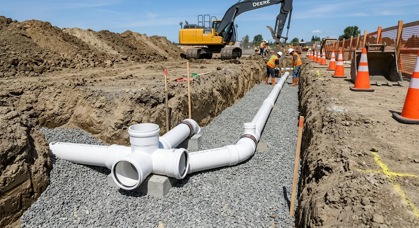 New PVC sewer pipe installation in open trench for Commercial Drain Cleaning in Woodcrest