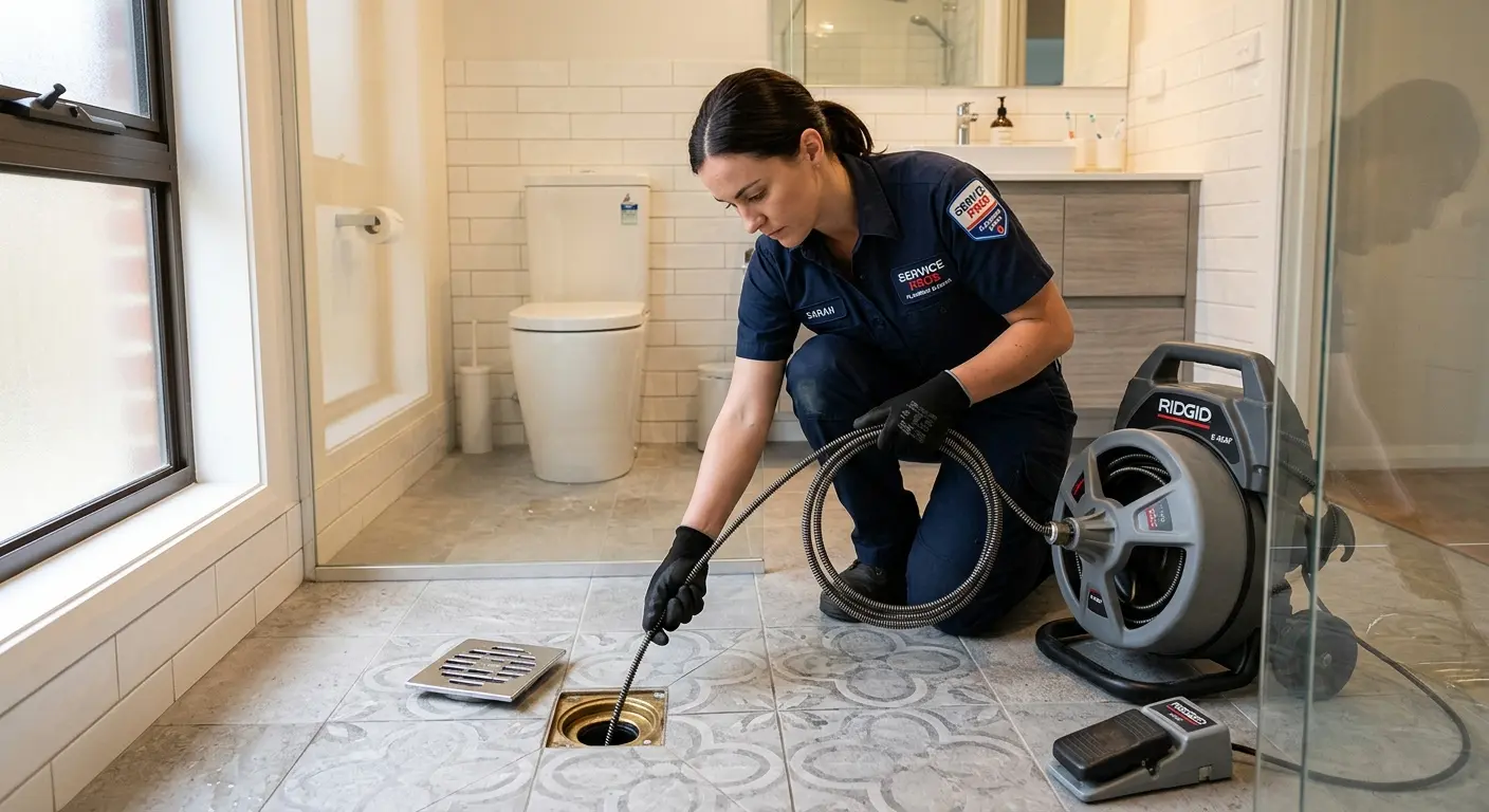 Technician clearing a bathroom floor drain for Hydro Jetting in Woodcrest